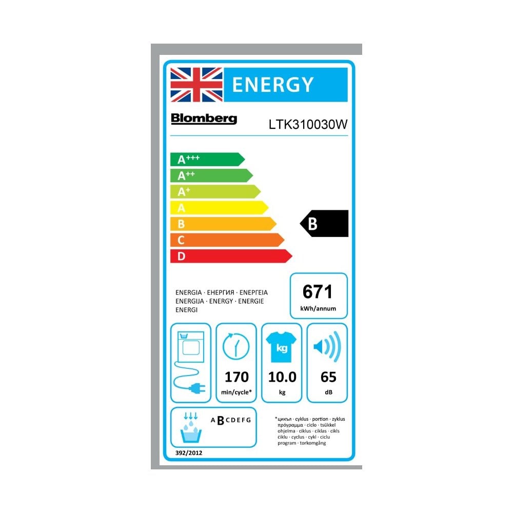 Blomberg LTK310030W 10kg Condenser Tumble Dryer - White :
