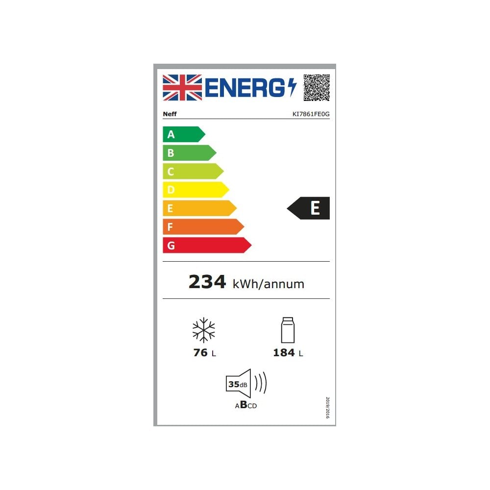 Neff KI7861FE0G Built In Fridge Freezer : 60:40 : Fixed Hinge : H 177cm :N 30 :