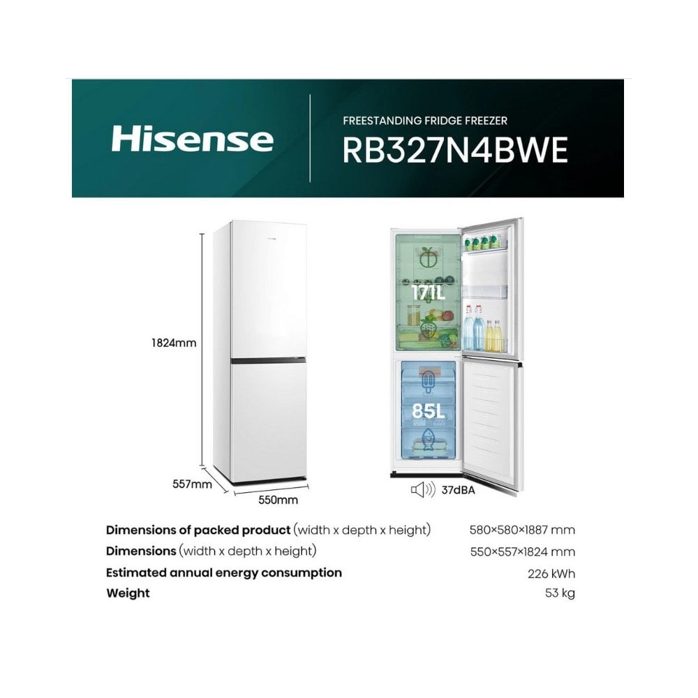 Hisense RB327N4BWE 55cm 50/50 Total No Frost Fridge Freezer - White.