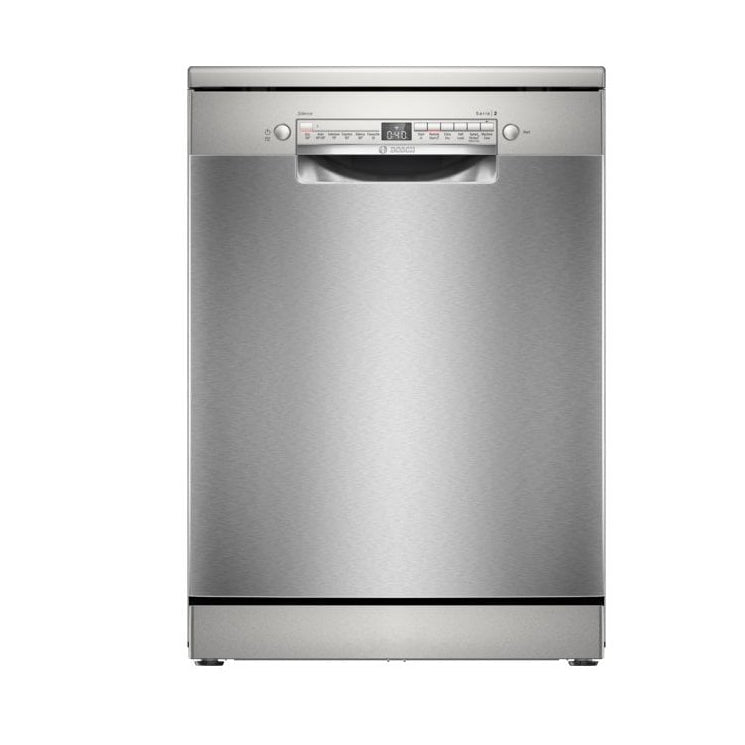 A Bosch stainless steel  freestanding dishwasher shown from the front against a plain white background.