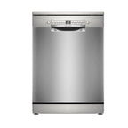 A Bosch stainless steel  freestanding dishwasher shown from the front against a plain white background.