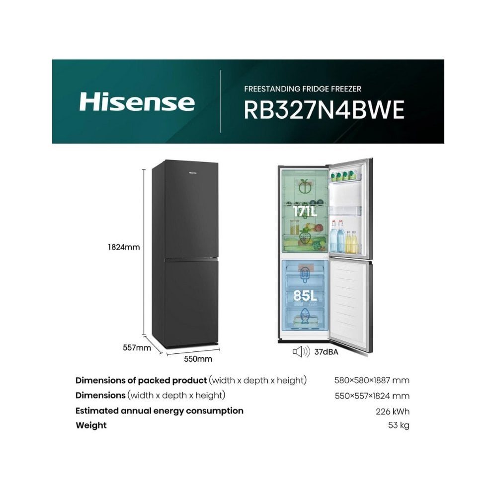 Hisense RB327N4BBE 55cm 50/50 Total No Frost Fridge Freezer - Black Steel ( H 182.4cm)