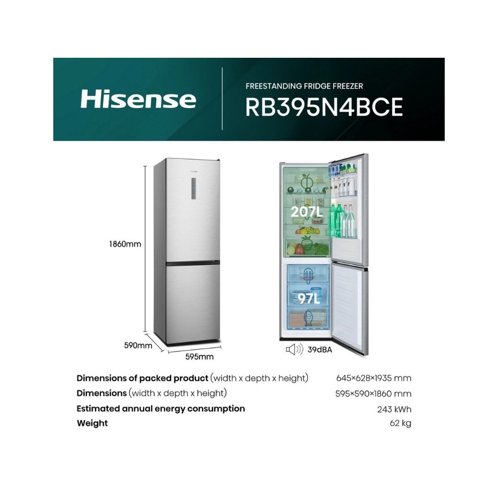 Hisense RB395N4BCE 60/40 Total No Frost Fridge Freezer - Stainless Steel : H 186cm