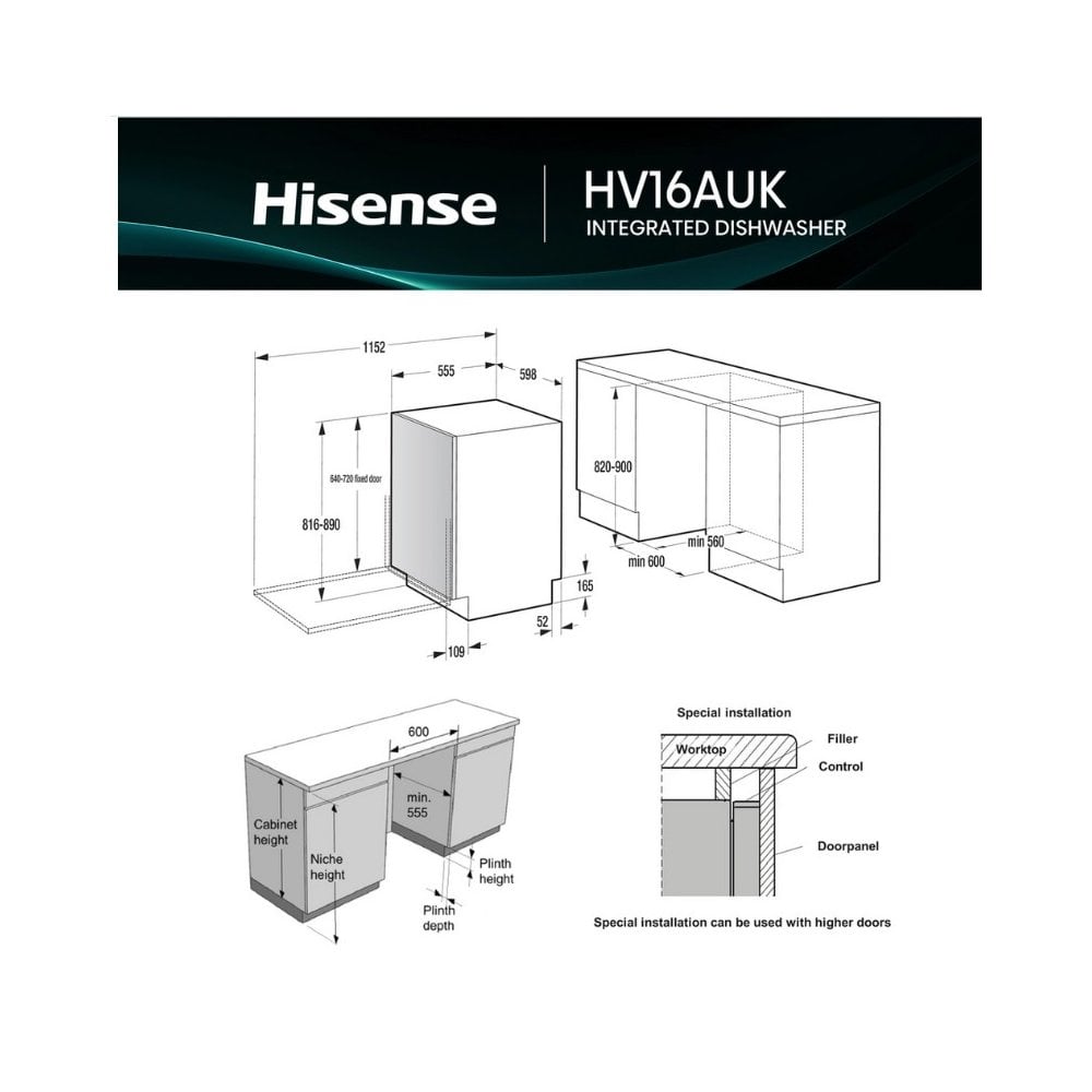 Hisense HV16AUK Full-Size Fully Integrated Dishwasher - 16 Place Settings :