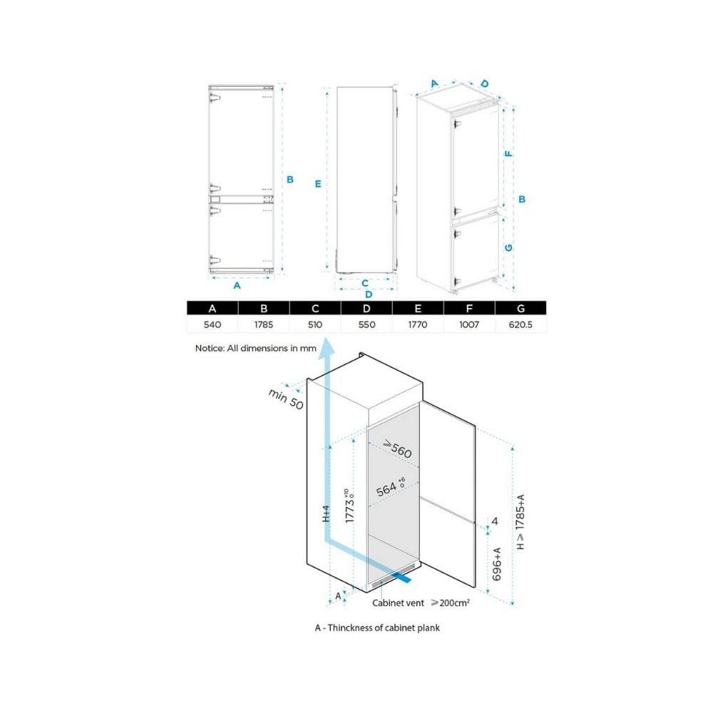 Midea MDRE379FGE01D 54cm 70/30 Built In Fridge Freezer - White : H 178.5cm : Sliding Hinge