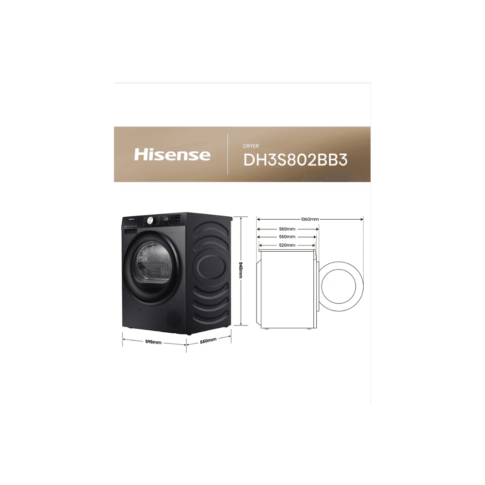 Hisense 3S Series DH3S802BB3 WiFi-enabled 8kg Heat Pump Tumble Dryer - Black :