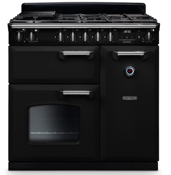 Rangemaster CL90DFPGBL/CM1: 90cm Duel Fuel Range Cooker : Black with Chrome Trim.