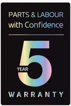 A black promotional badge with the text 'PARTS & LABOUR with Confidence' and a large iridescent '5 YEAR WARRANTY' on a dark background.