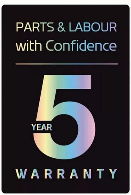 A black promotional badge with the text 'PARTS & LABOUR with Confidence' and a large iridescent '5 YEAR WARRANTY' on a dark background.