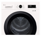 White LG front-load Heat Pump Tumble Dryer with a large black circular door and a digital control panel on the top right.
