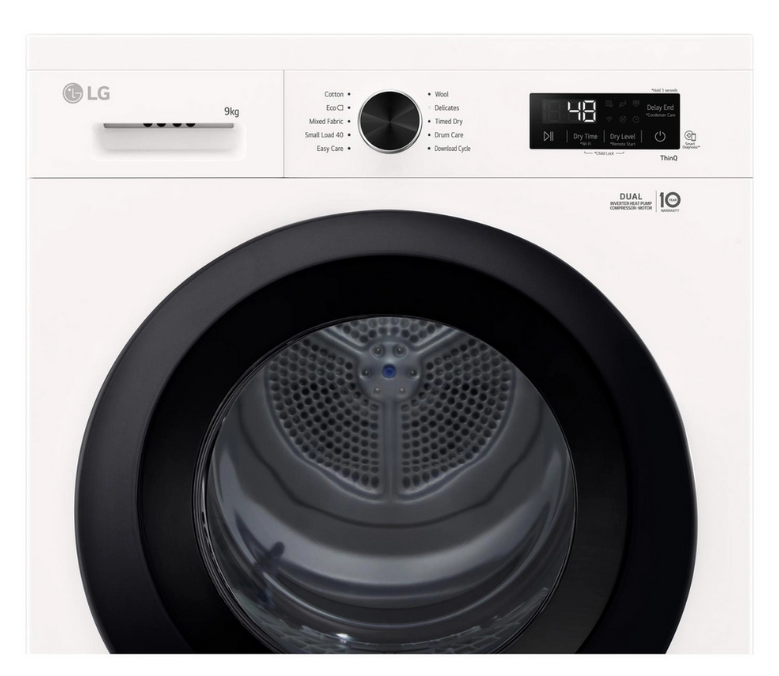 White LG front-load Heat Pump Tumble Dryer with a large black circular door and a digital control panel on the top right.