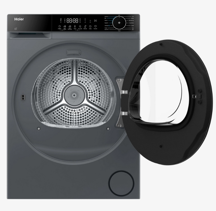 A Haier front-load dryer in dark grey/graphite with its door swung open, showing the interior drum and control panel against a light grey background.