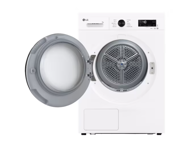White LG front-load tumble dryer with the door open, showing the drum interior and control panel on a clean white background.