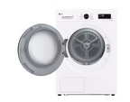 White LG front-load tumble dryer with the door open, showing the drum interior and control panel on a clean white background.