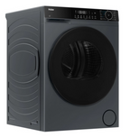 A dark grey /graphite  front-load heat pump tumble dryer with a large circular black door and a digital control panel on top, shown on a plain white background.