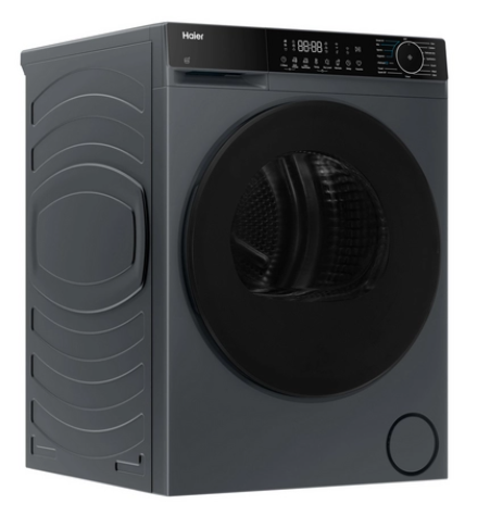 A dark grey /graphite  front-load heat pump tumble dryer with a large circular black door and a digital control panel on top, shown on a plain white background.