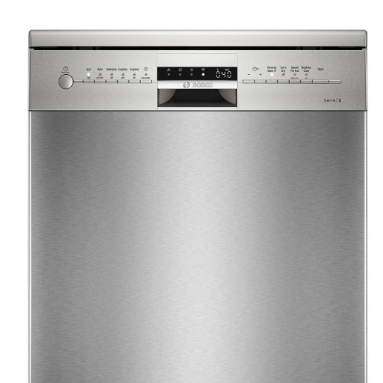 A front-facing stainless steel built-in dishwasher with a brushed metal finish, a top control panel with a digital display, and a lower base tray, shown on a plain white background.
