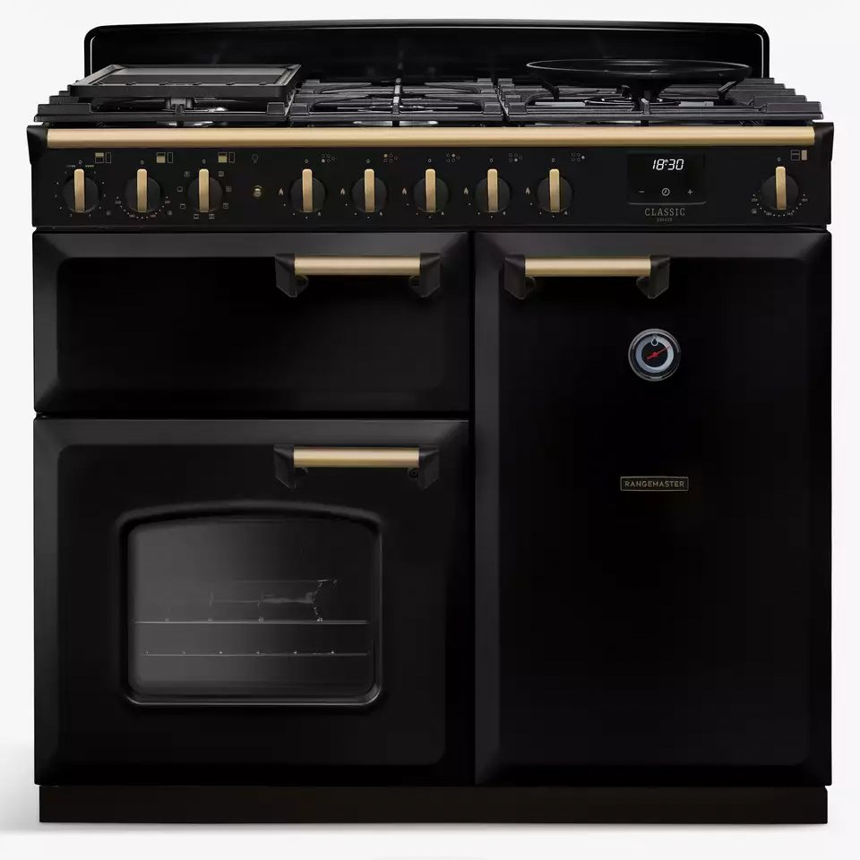 Rangemaster CLDL100DFPGBL/AB1 Classic 100cm Duel Fuel Range Cooker : Deluxe Gloss Black / Antique Brass .