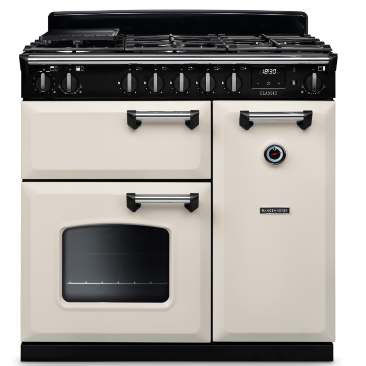 Rangemaster CL90DFPPCR/CM1 Classic 90 cm Dual Fuel Range Cooker : Pale Cream with Chrome.